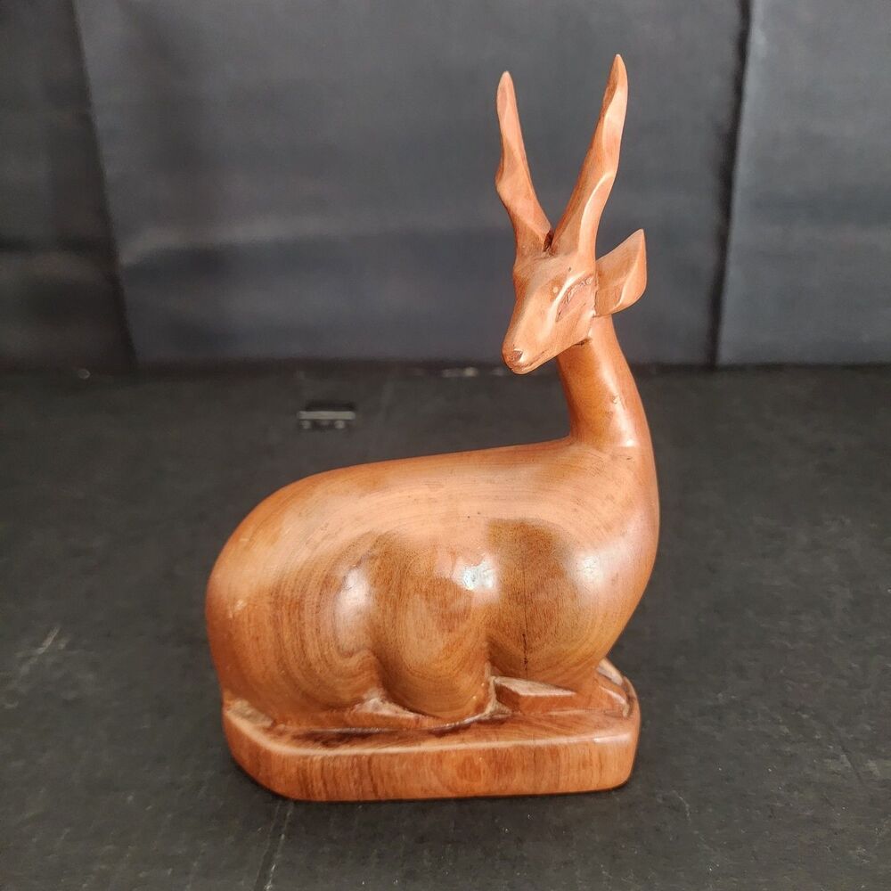 Vintage Mid-Century Modern Hand-Carved Teak Wood Sitting Gazelle Antelope...
